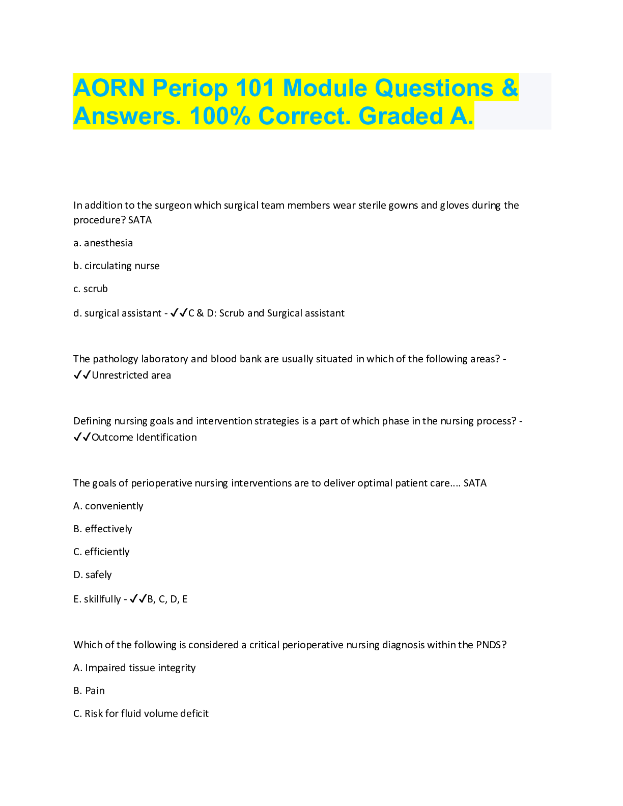 Preview image for AORN Periop 101 Module Questions &  Answers. 100% Correct. Graded A.